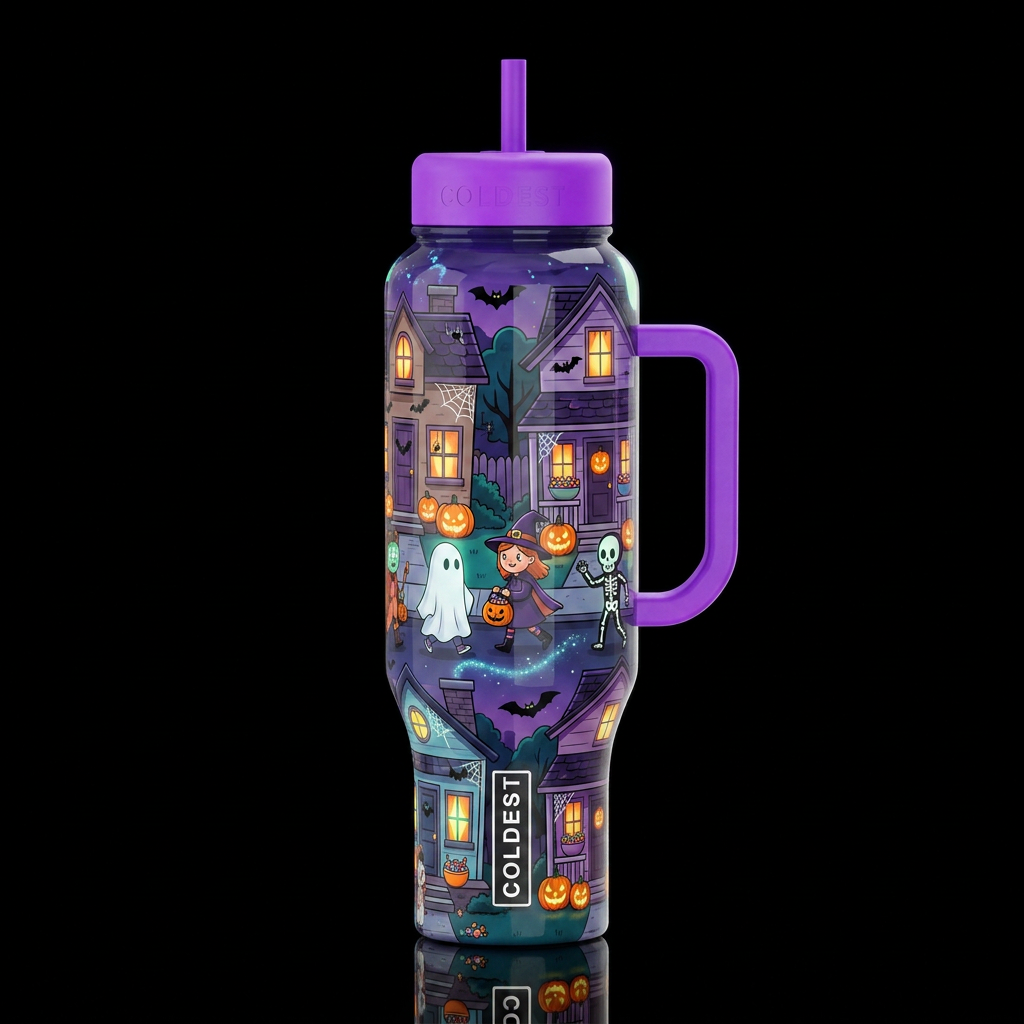 Cartoonish, trick or treaters roaming the streets ... water bottle design
