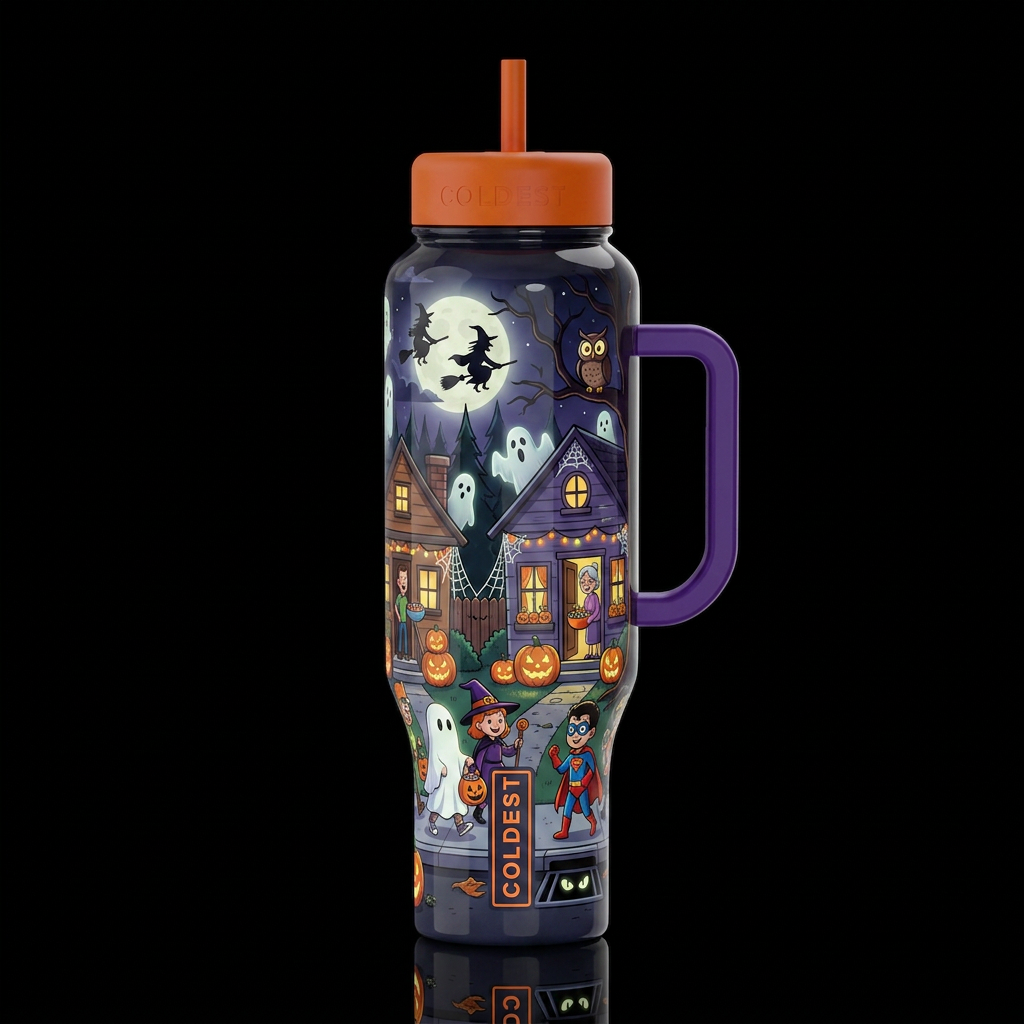 Cartoonish, trick or treaters roaming the streets ... water bottle design
