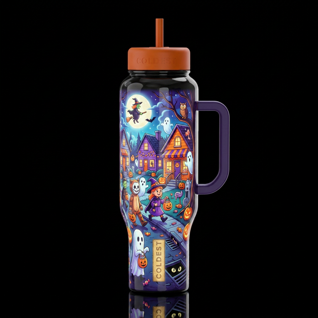 Cartoonish, trick or treaters roaming the streets ... water bottle design