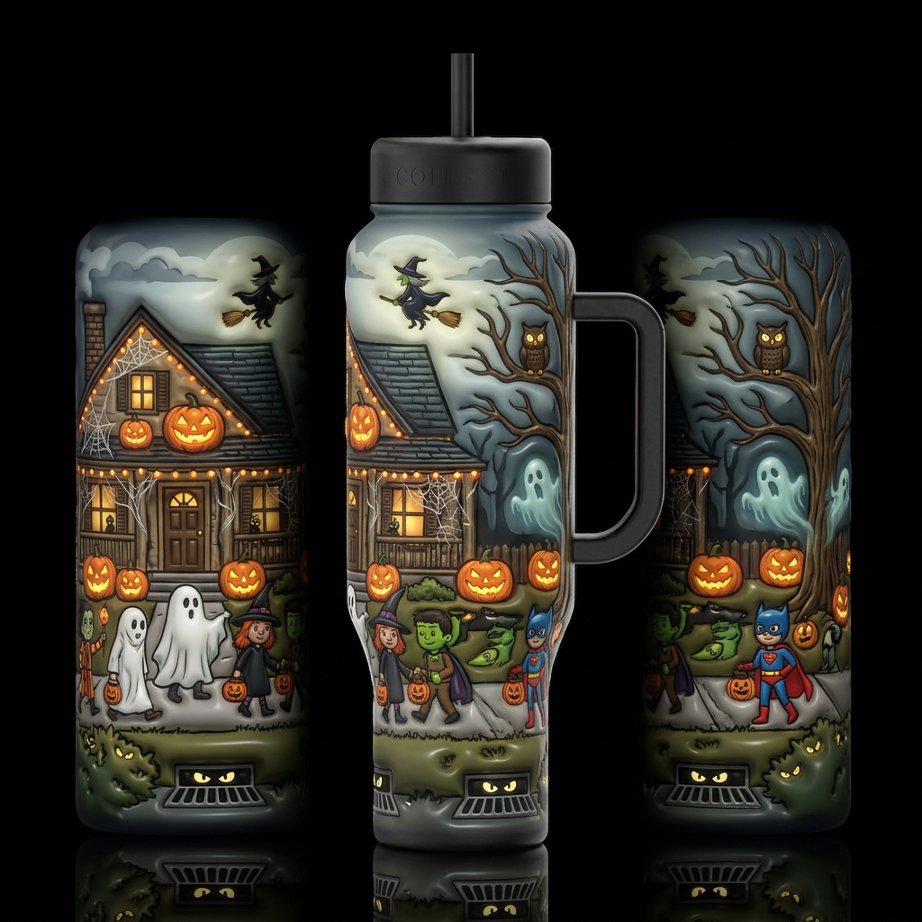 Cartoonish, trick or treaters roaming the streets ... water bottle design