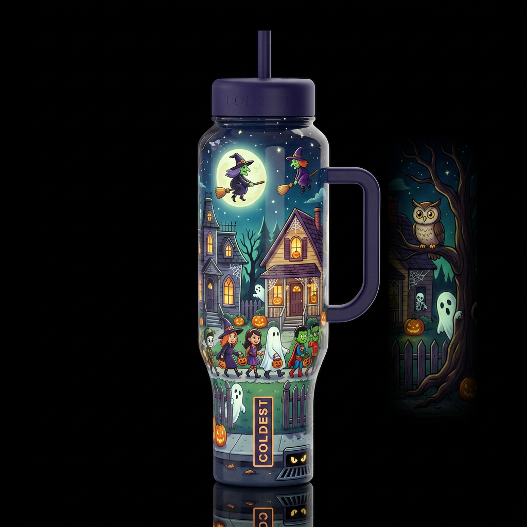 Cartoonish, trick or treaters roaming the streets ... water bottle design