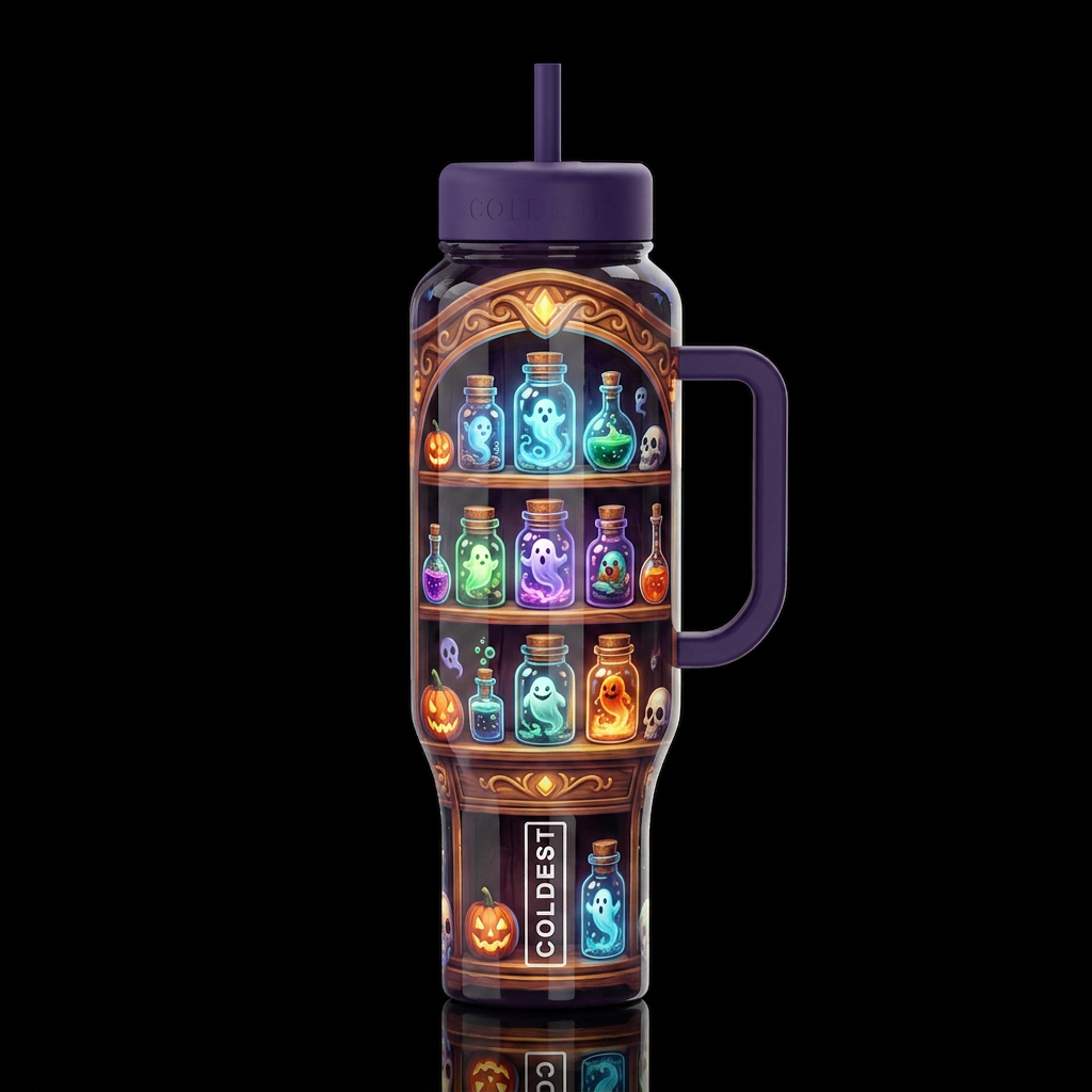 Halloween shelf, glossy, trompe-l'œil, beautiferou... water bottle design