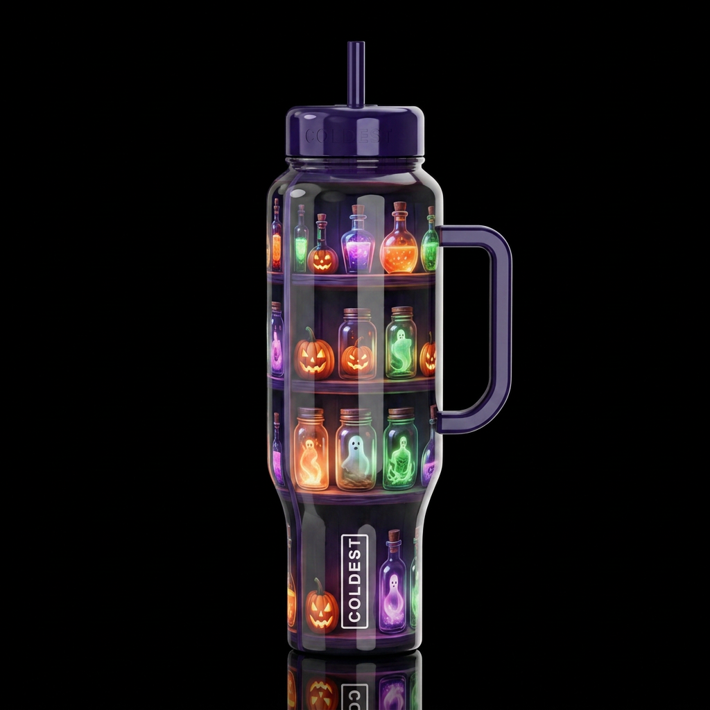 Halloween shelf, glossy, trompe-l'œil, beautiferou... water bottle design