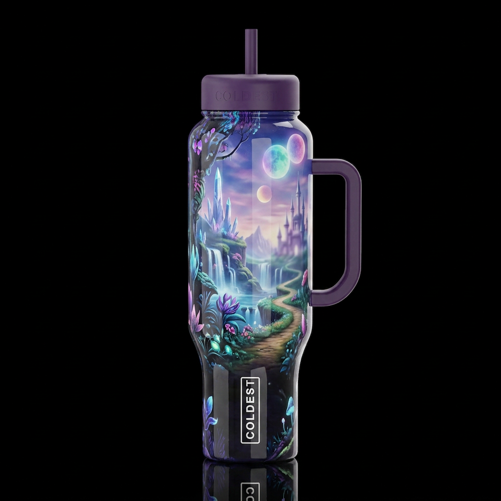 Fantasy,to a new enchanted world,glossy, trompe-l'... water bottle design
