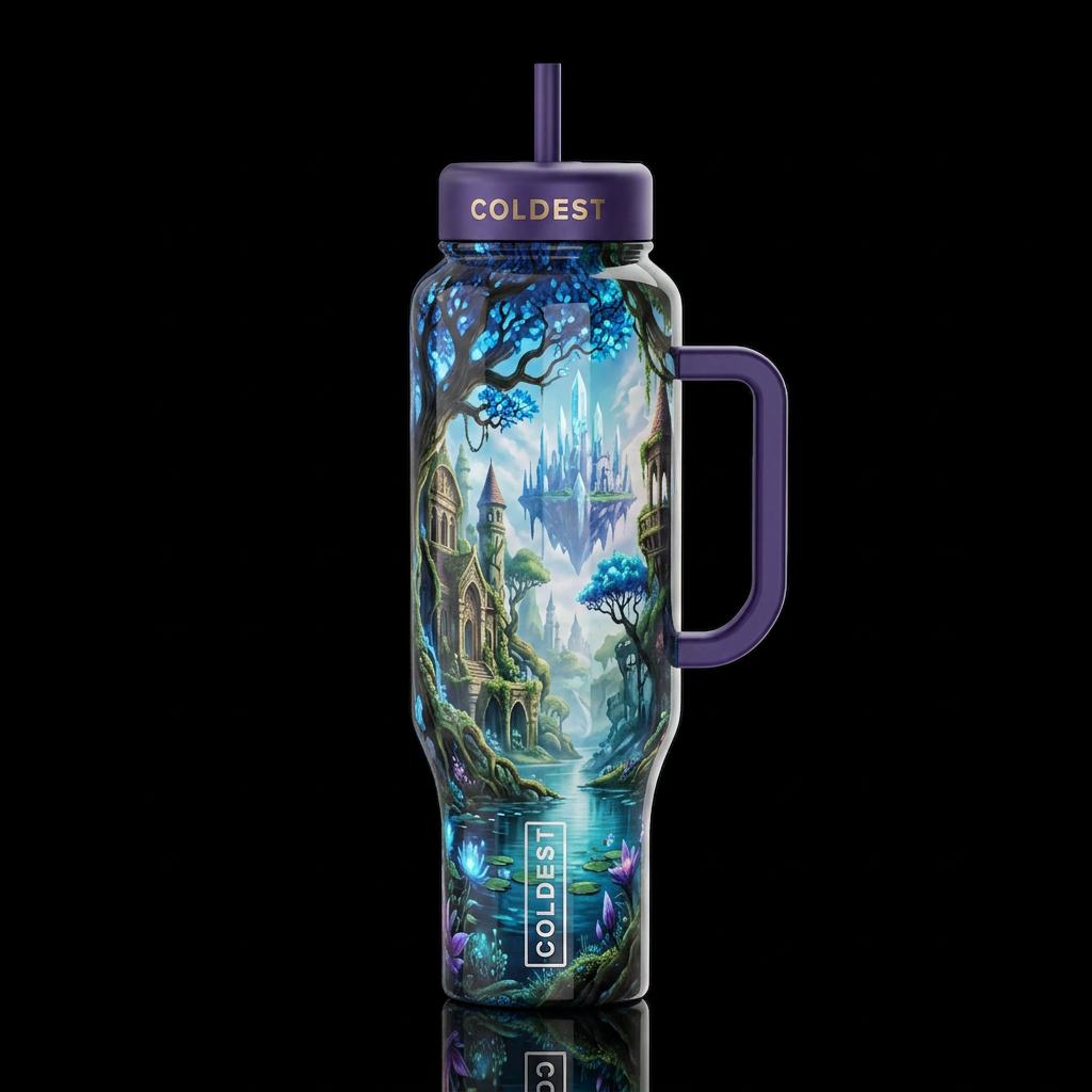 Fantasy,to a new enchanted world,glossy, trompe-l'... water bottle design