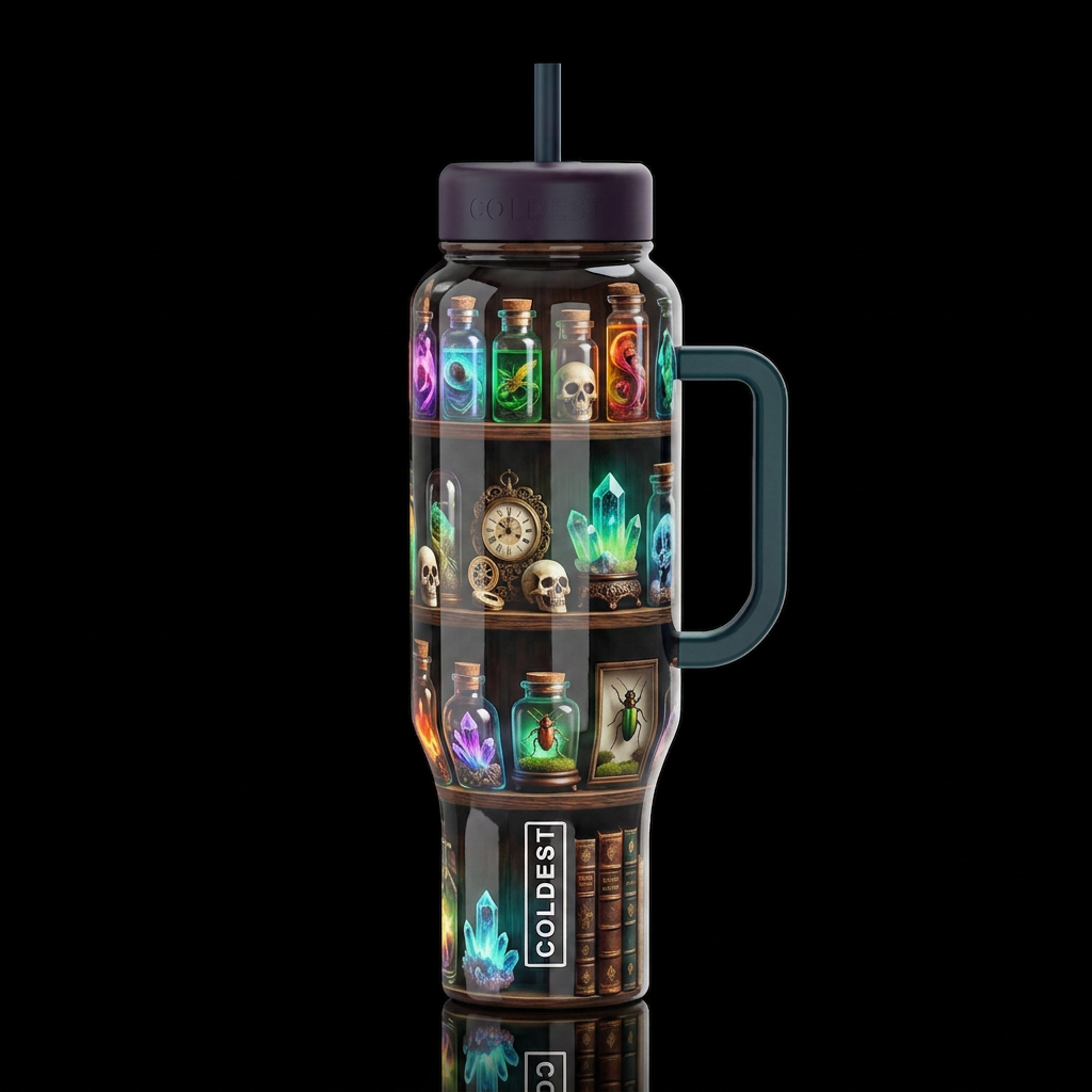 Shelf of oddities, glossy, trompe-l'œil, beautifer... water bottle design