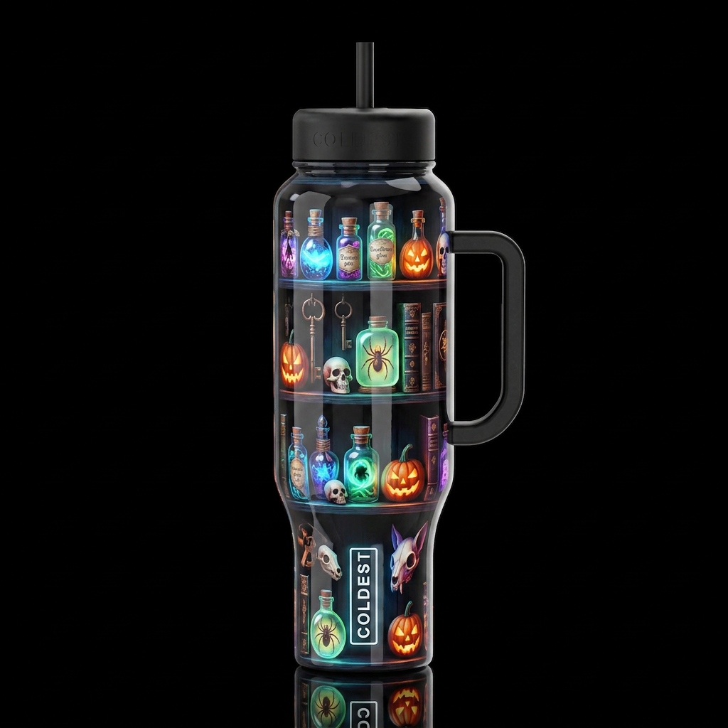 Shelf of oddities, glossy, trompe-l'œil, beautifer... water bottle design