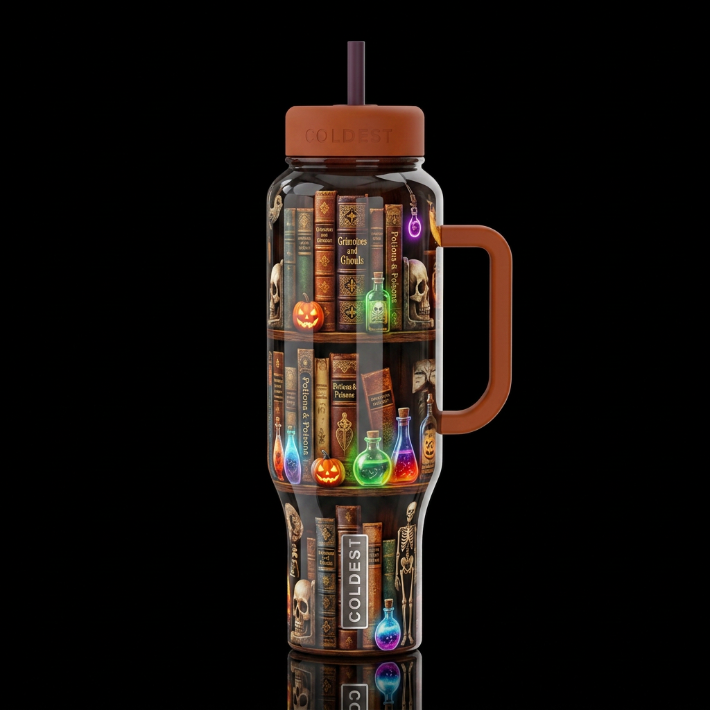 Shelf of oddities with books, glossy, trompe-l'œil... water bottle design