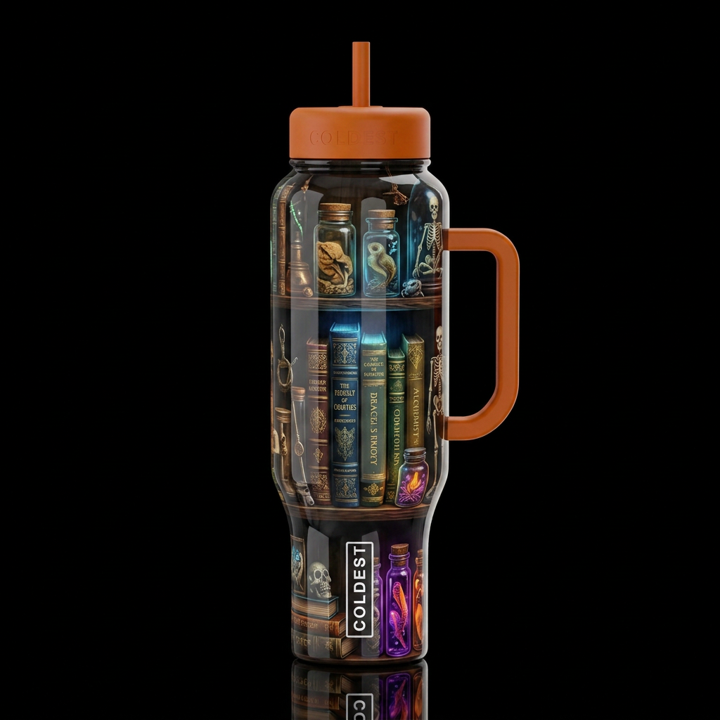 Shelf of oddities with books, glossy, trompe-l'œil... water bottle design