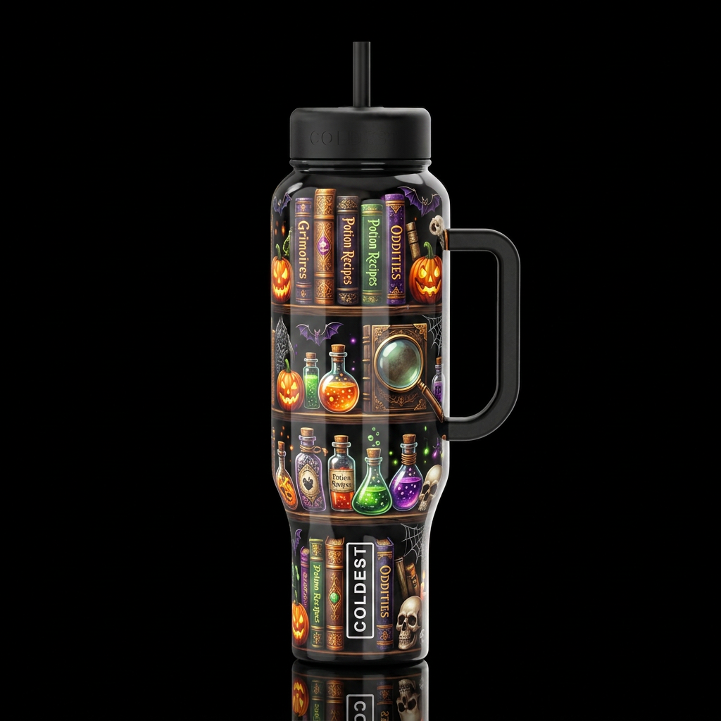 Shelf of oddities with books, glossy, trompe-l'œil... water bottle design