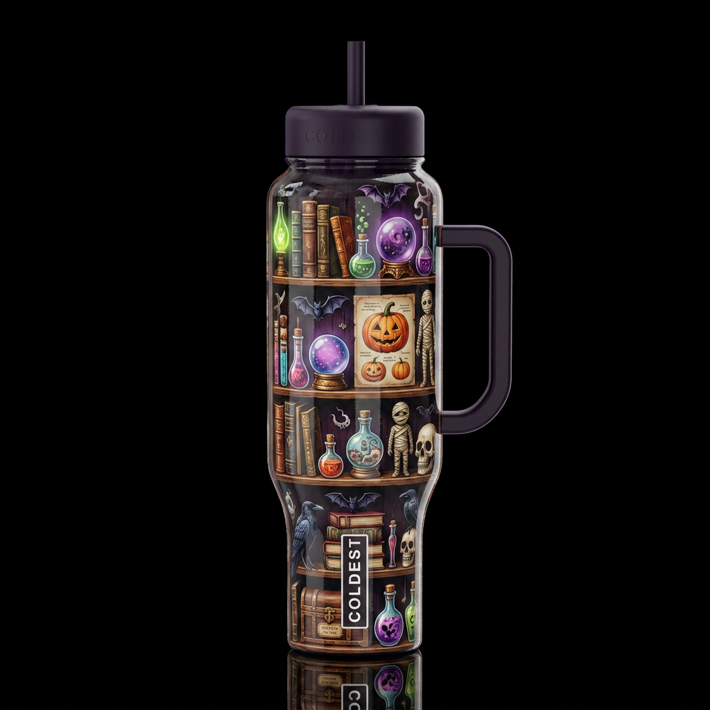 Shelf of oddities with books, glossy, trompe-l'œil... water bottle design