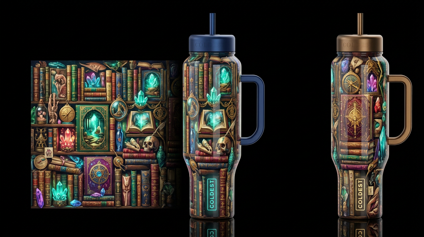 Curiosities and oddities with books,glossy, trompe... water bottle design