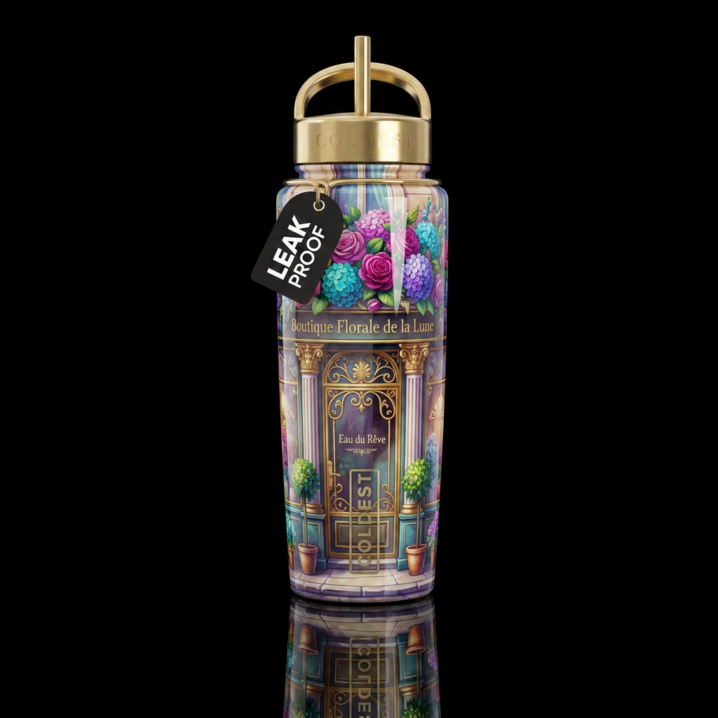 French boutique, glossy, trompe-l'œil, beautiferou... water bottle design