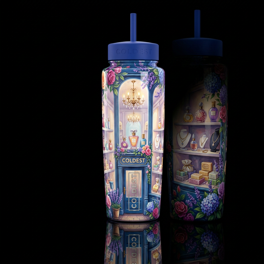French boutique, glossy, trompe-l'œil, beautiferou... water bottle design