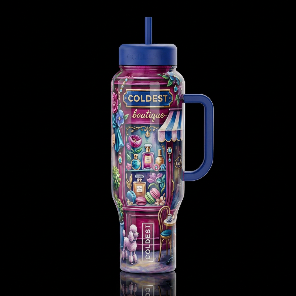 French boutique, glossy, trompe-l'œil, beautiferou... water bottle design
