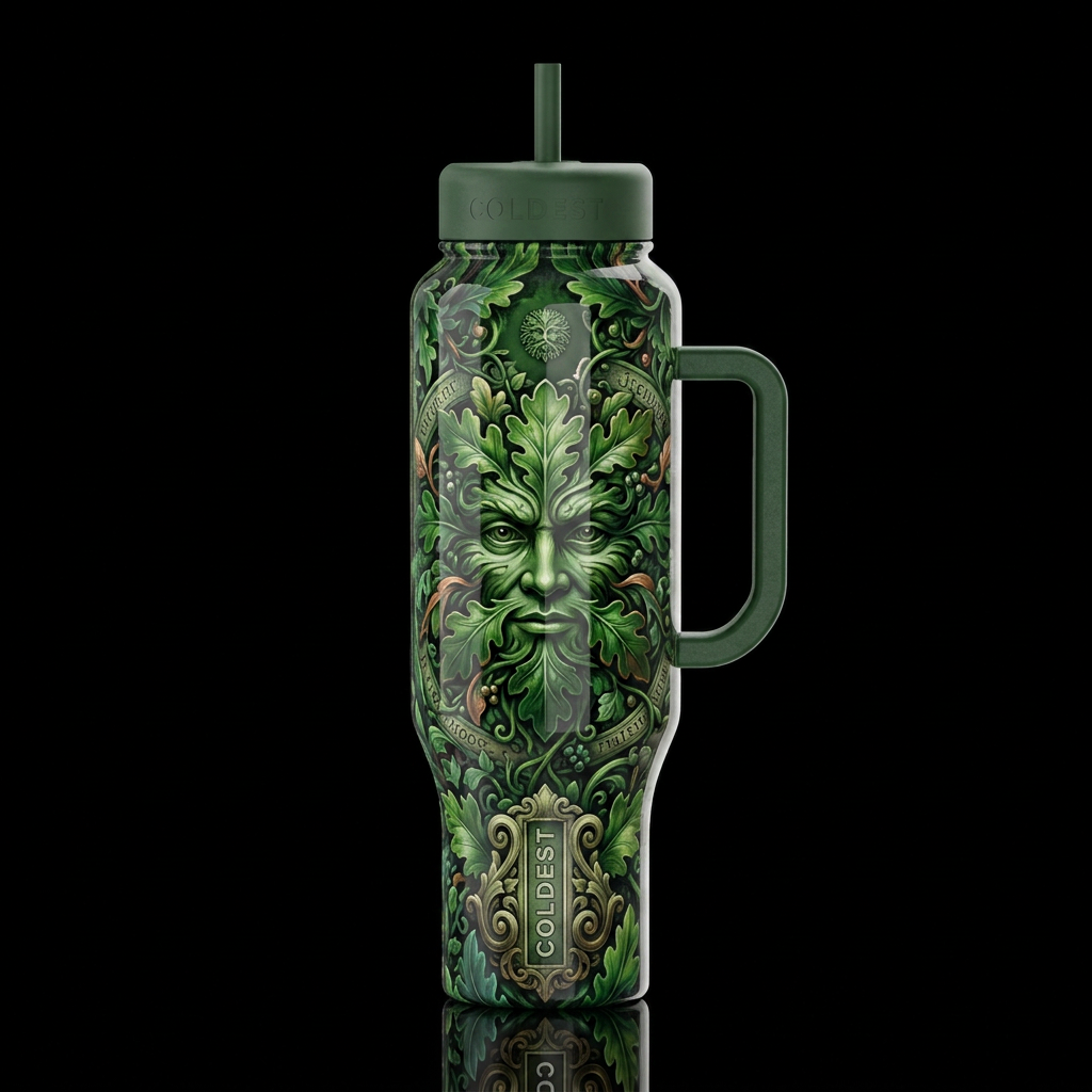 Greenman folklore, glossy, trompe-l'œil, beautifer... water bottle design