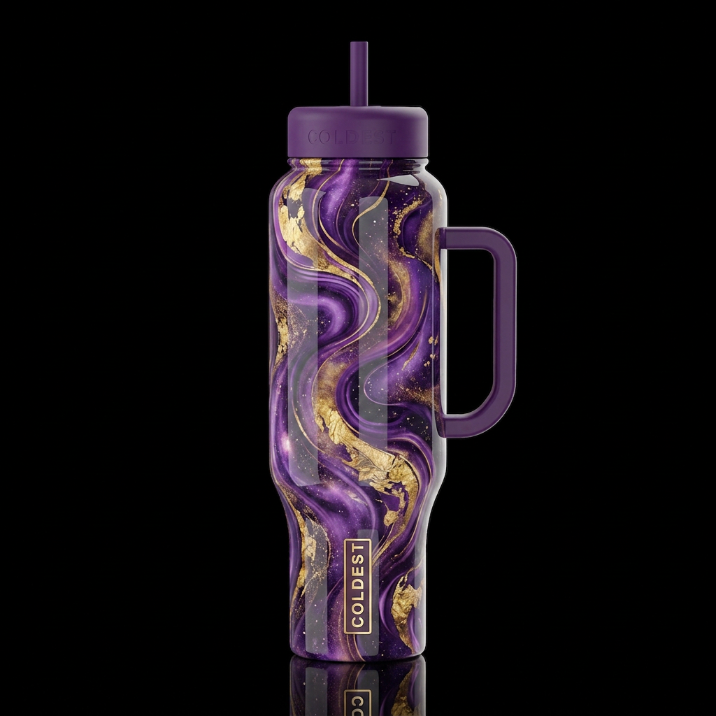 Purple and gold, swirly, dreamy, glossy, trompe-l'... water bottle design