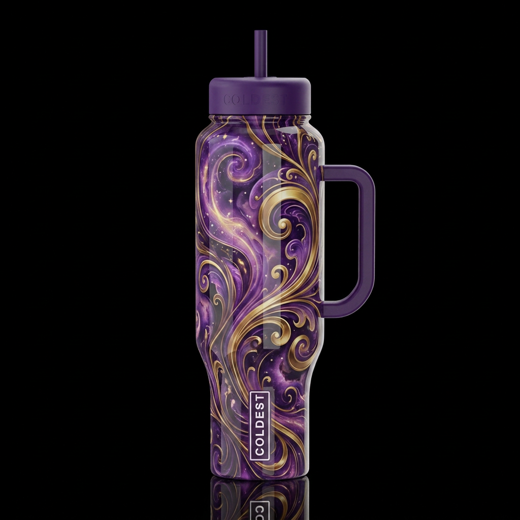 Purple and gold, swirly, dreamy, glossy, trompe-l'... water bottle design