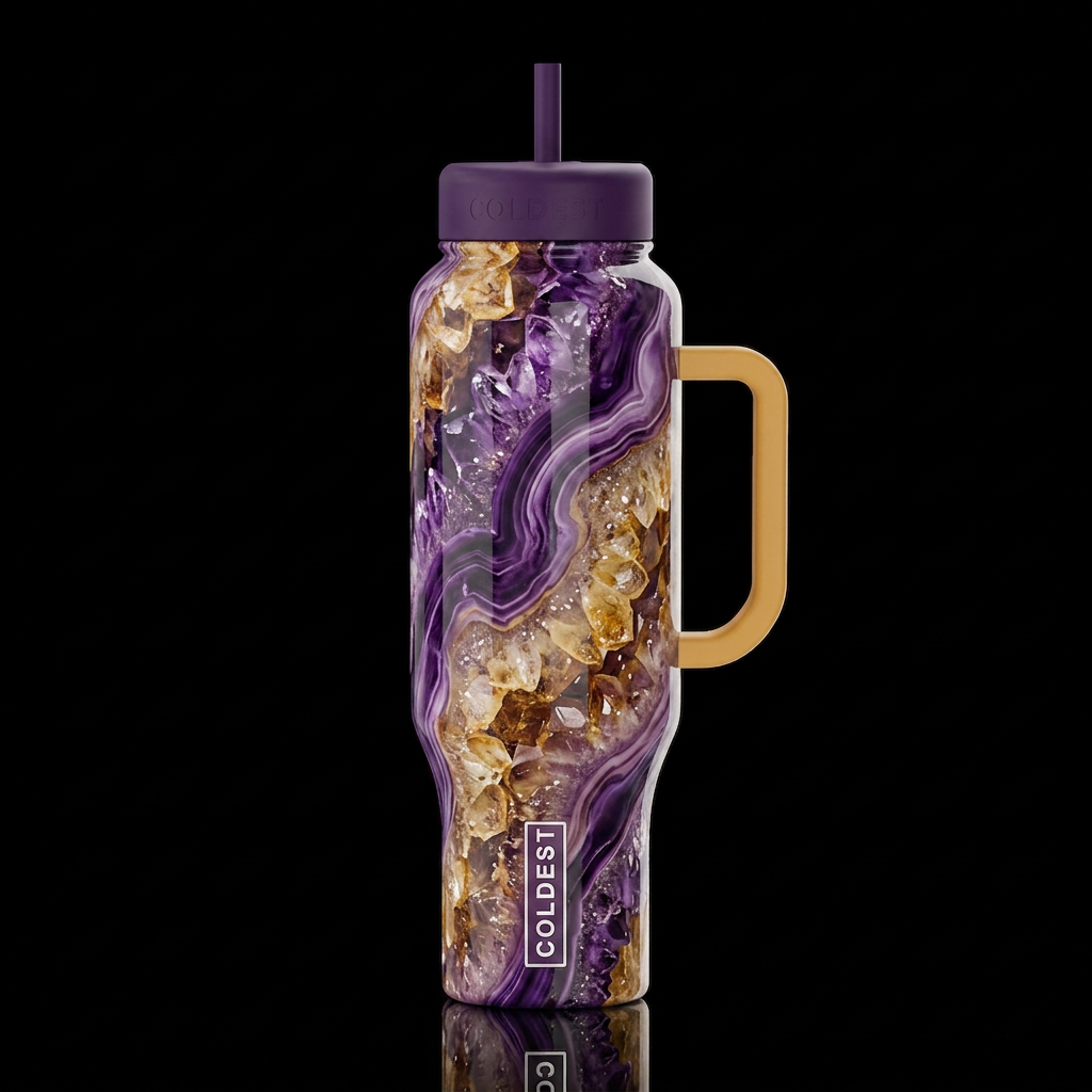 Purple and gold, swirly, dreamy, glossy, trompe-l'... water bottle design