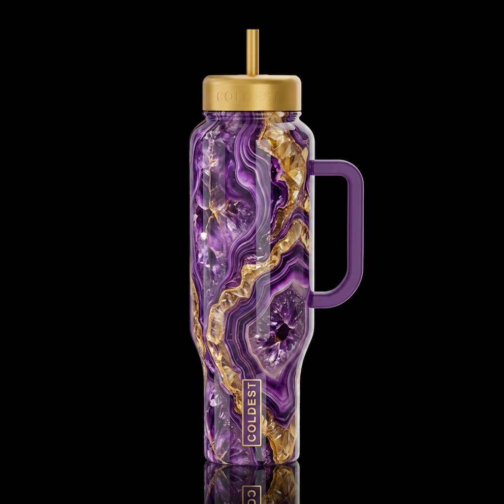 Purple and gold, swirly, dreamy, glossy, trompe-l'... water bottle design