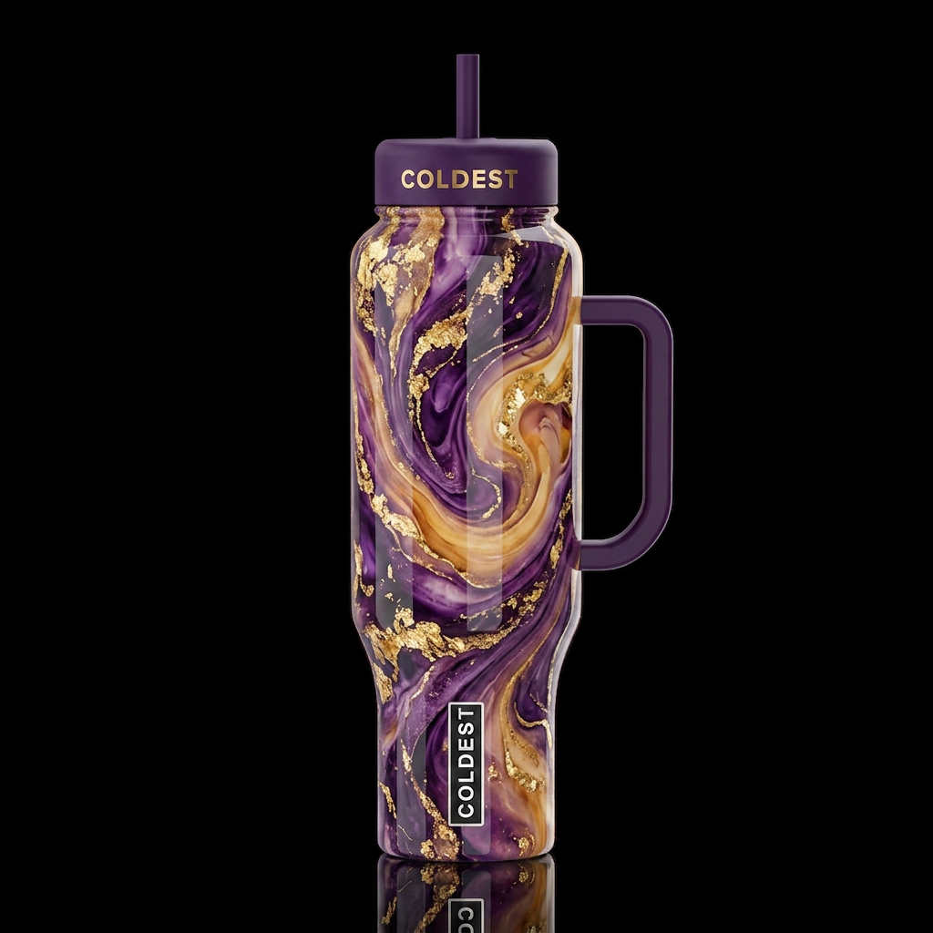 Purple and gold, swirly, dreamy, glossy, trompe-l'... water bottle design