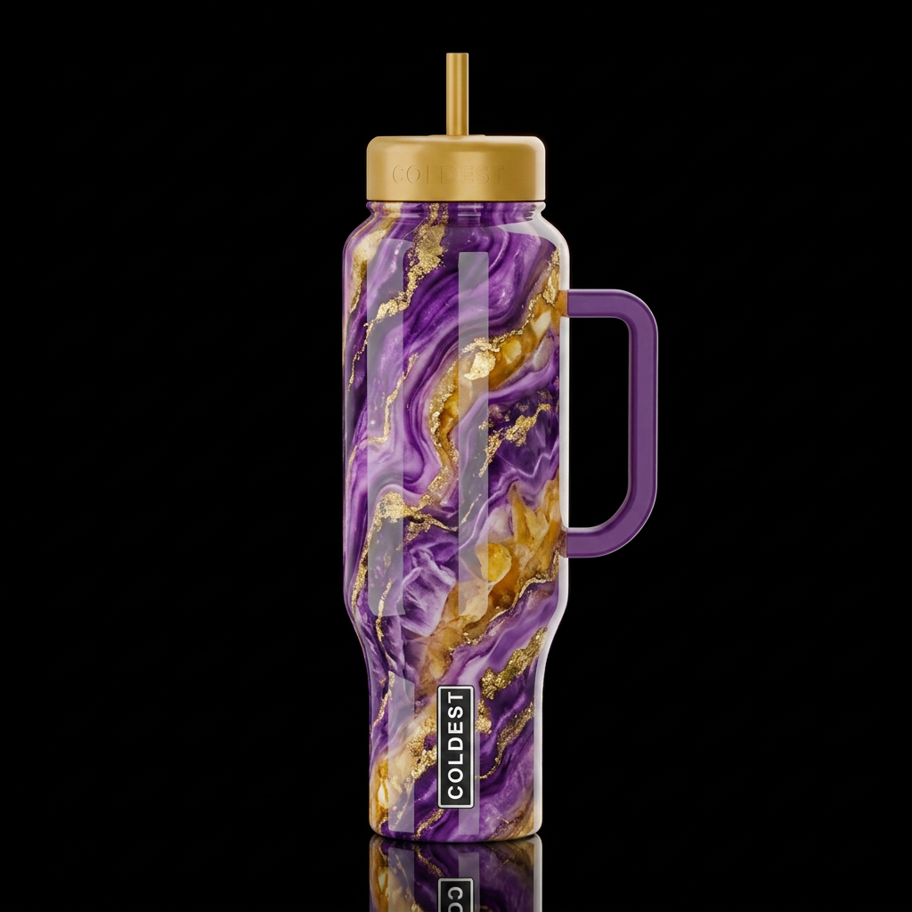 Purple and gold, swirly, dreamy, glossy, trompe-l'... water bottle design