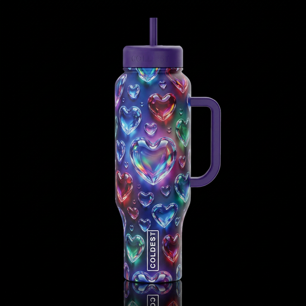 Dewdrop hearts,glossy, trompe-l'œil, beautiferous,... water bottle design
