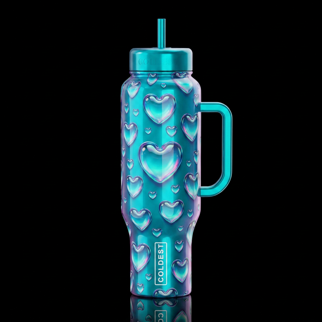 Dewdrop hearts,glossy, trompe-l'œil, beautiferous,... water bottle design