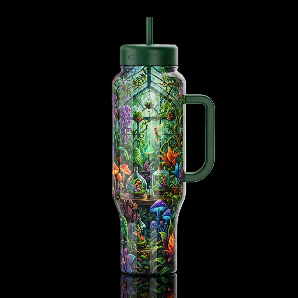 Enchanted greenhouse, glossy, trompe-l'œil, beauti... water bottle design