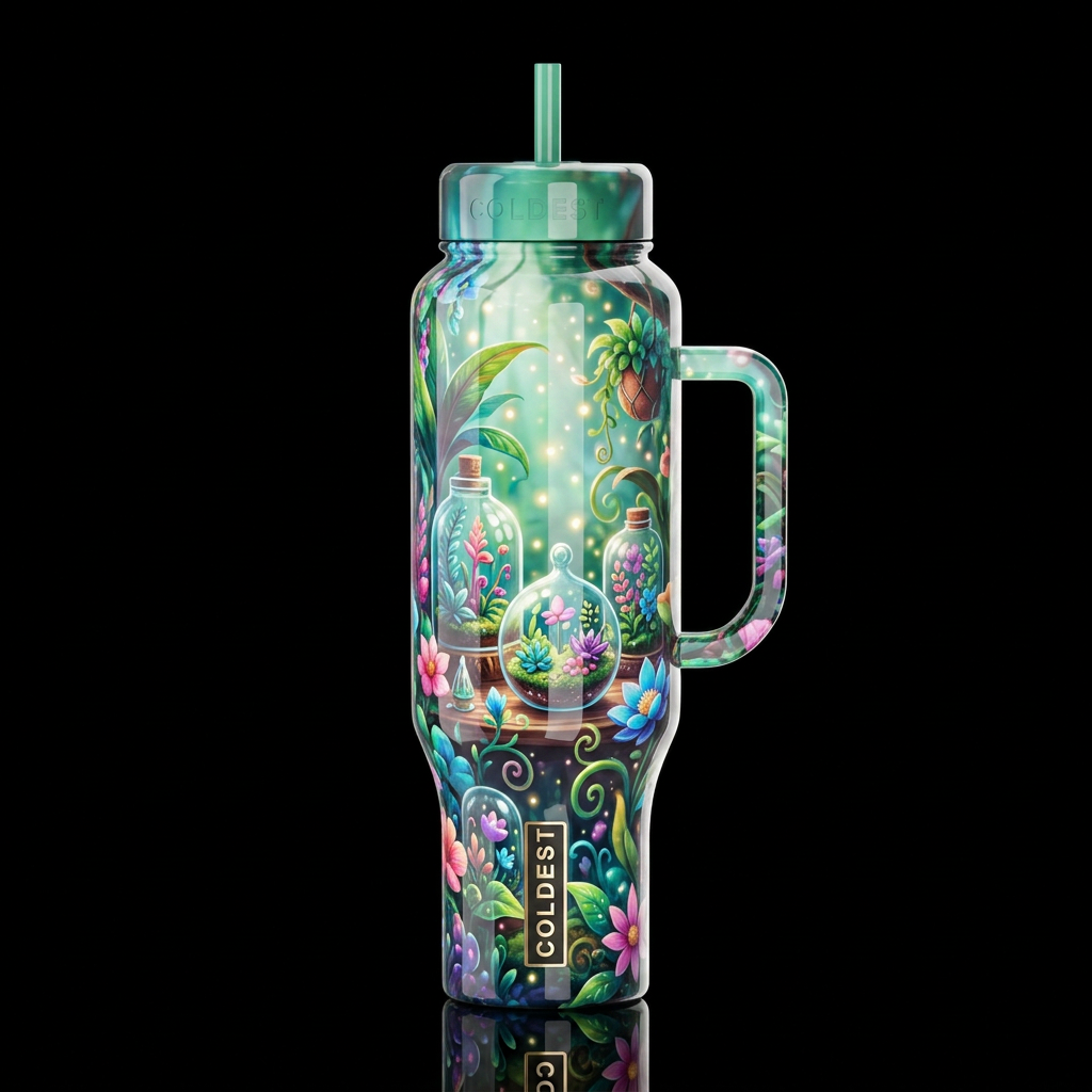 Enchanted greenhouse, glossy, trompe-l'œil, beauti... water bottle design