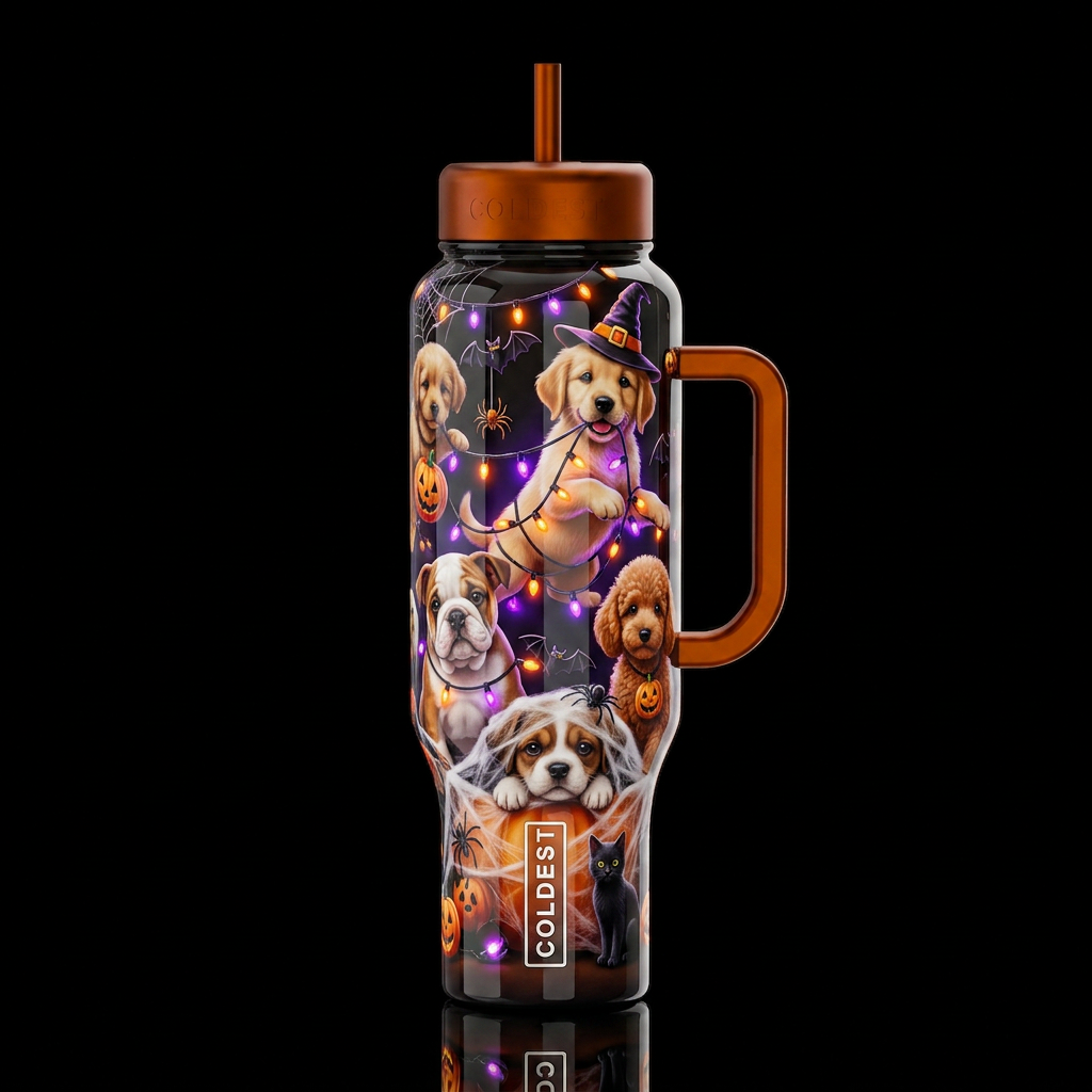 Puppies and Halloween decorations while trying to ... water bottle design