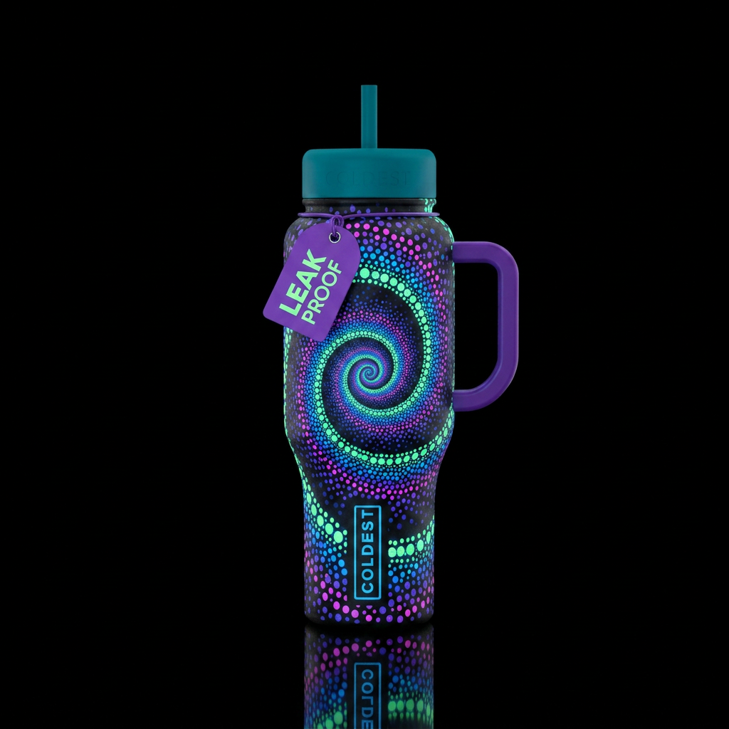Glow in the dark spiral  pointilisim, glossy, trom... water bottle design