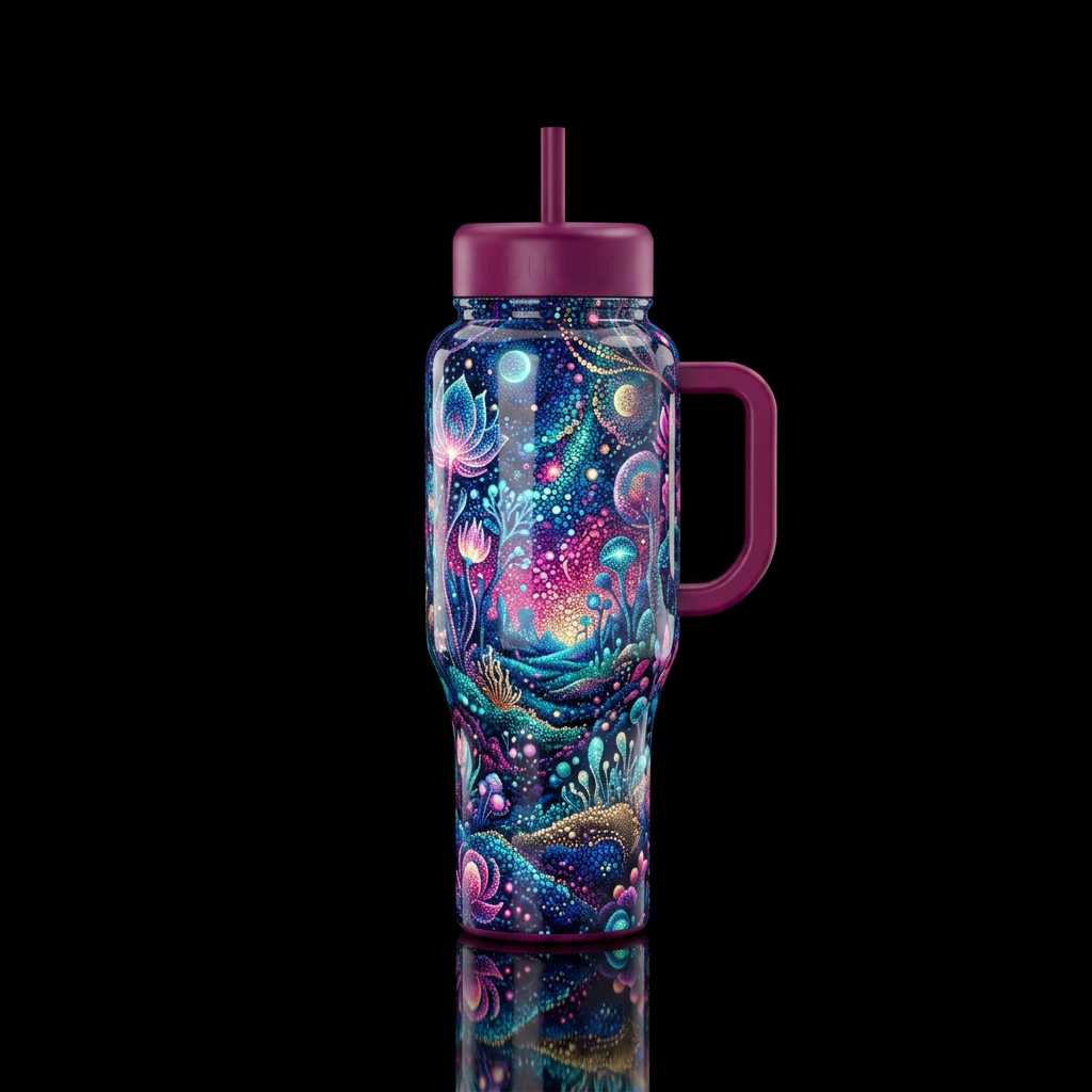 Glow in the dark pointilisim, glossy, trompe-l'œil... water bottle design