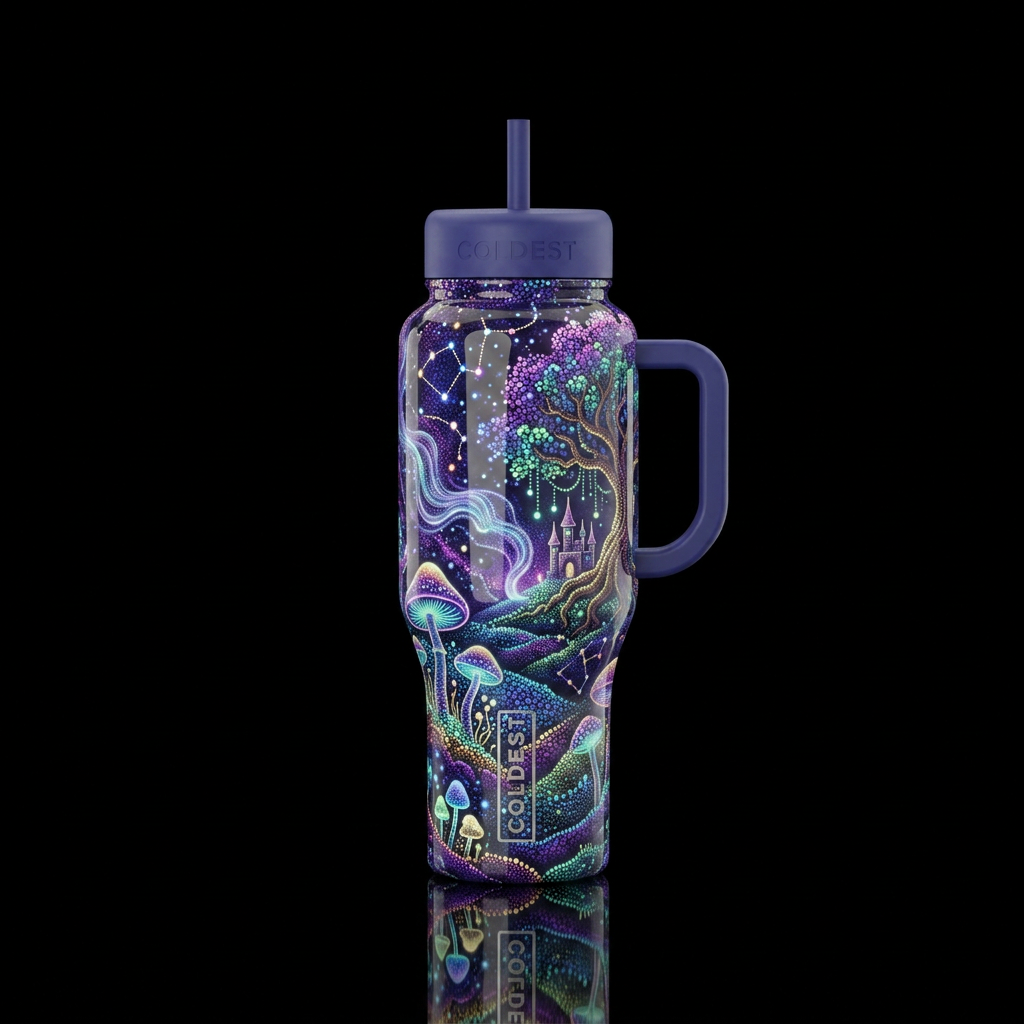Glow in the dark pointilisim, glossy, trompe-l'œil... water bottle design