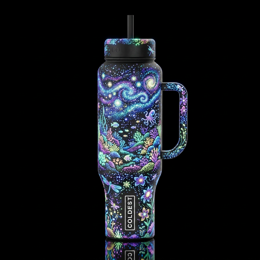 Glow in the dark pointilisim, glossy, trompe-l'œil... water bottle design