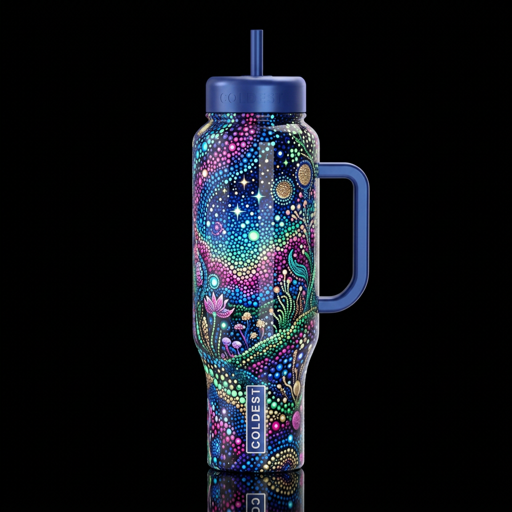 Glow in the dark pointilisim, glossy, trompe-l'œil... water bottle design