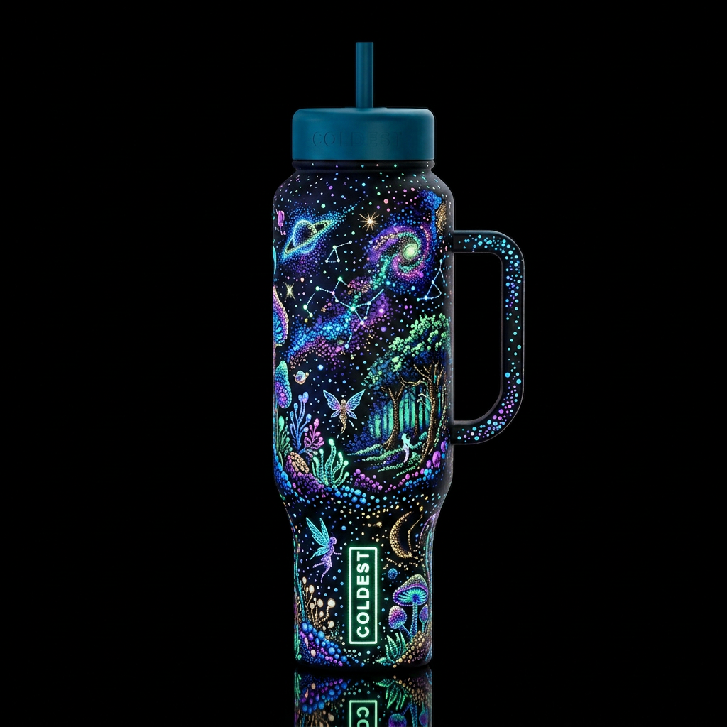 Glow in the dark pointilisim, glossy, trompe-l'œil... water bottle design