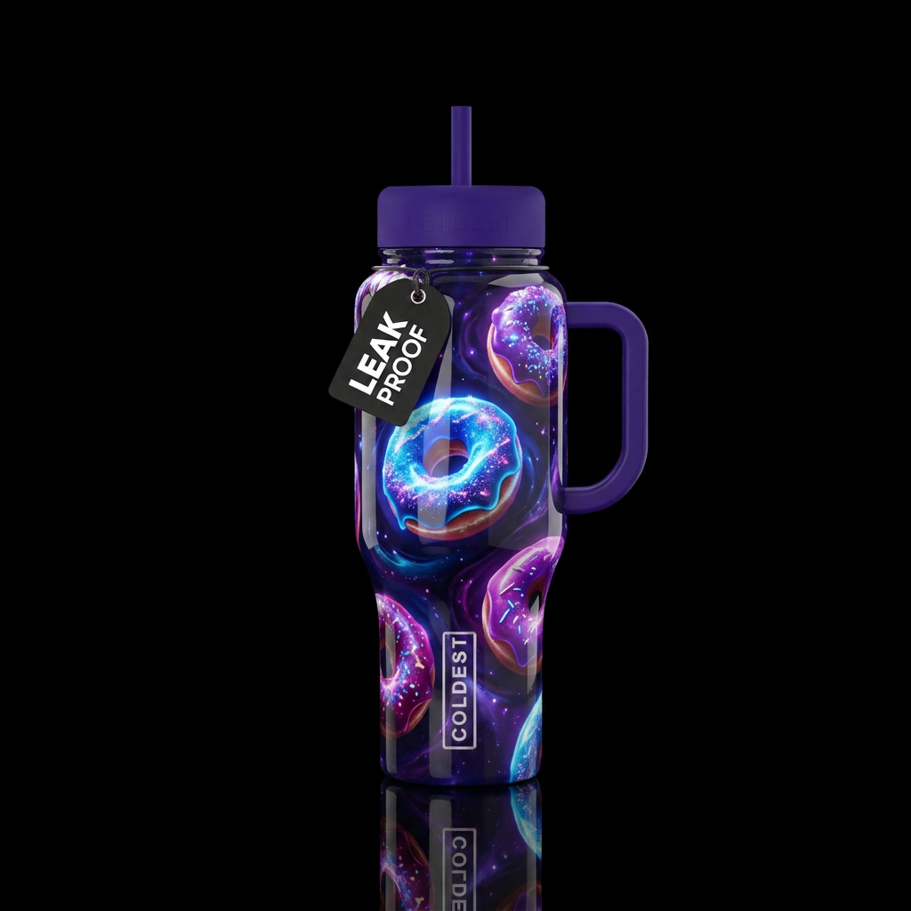 donut,otherworldly glowie, glossy, trompe-l'œil, b... water bottle design
