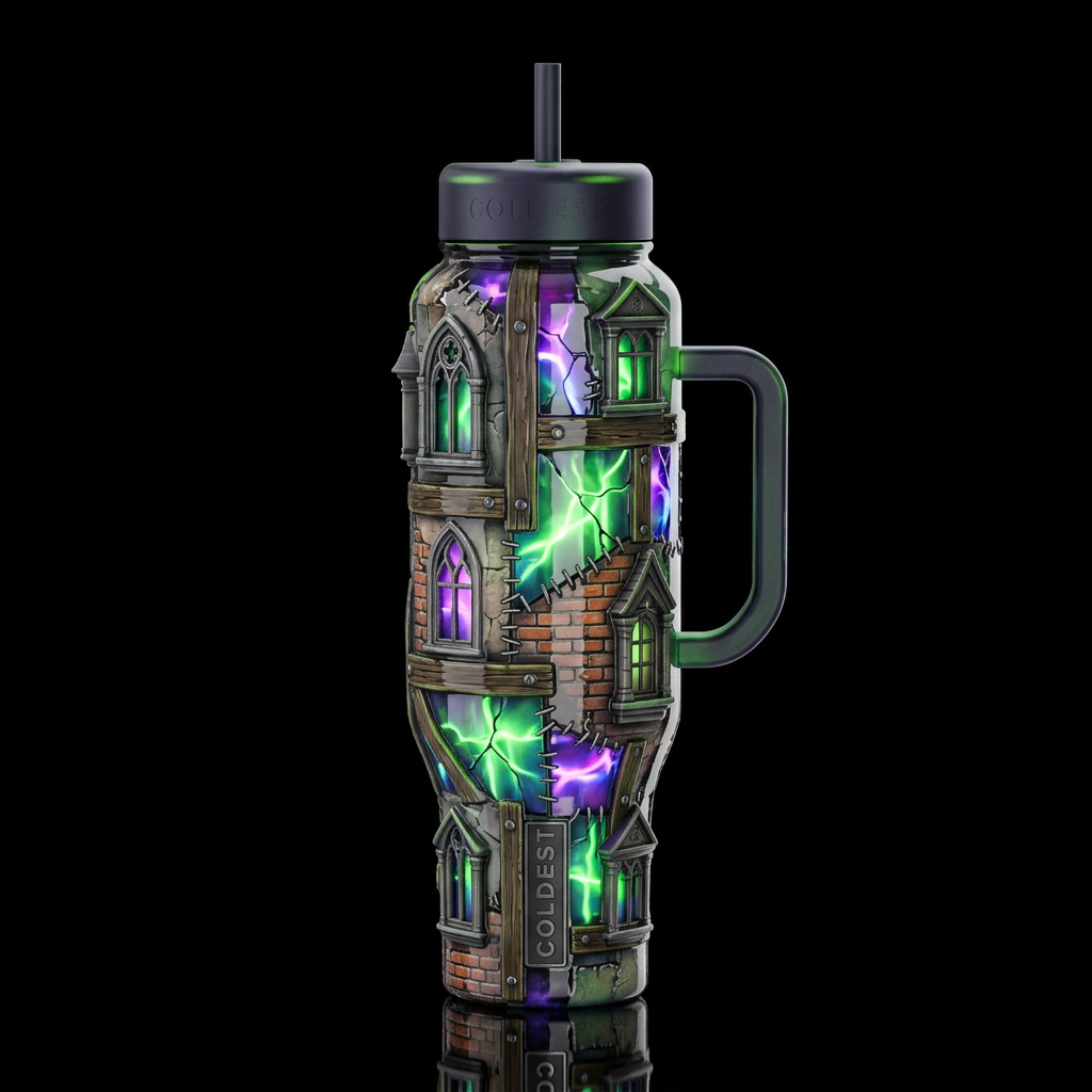 Frankenhouse, glossy, glowie, trompe-l'œil, beauti... water bottle design