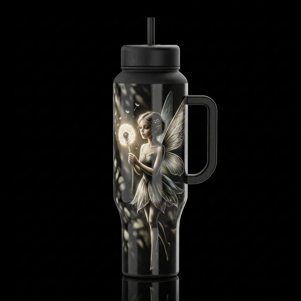 Faerie holding dandelion, Chiaroscuro,gobo accents... water bottle design