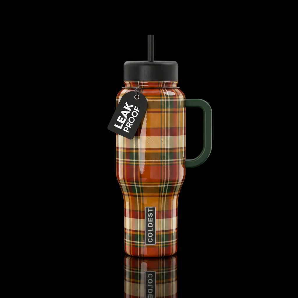 Autumn plaid, glossy, trompe-l'œil, beautiferous water bottle design