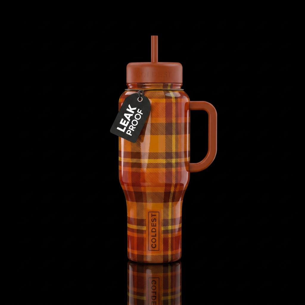 Fall plaid,glossy, trompe-l'œil, beautiferous water bottle design