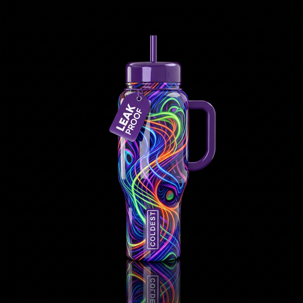 Dynamic trompe-l'œil, glossy, glowie, beautiferous water bottle design