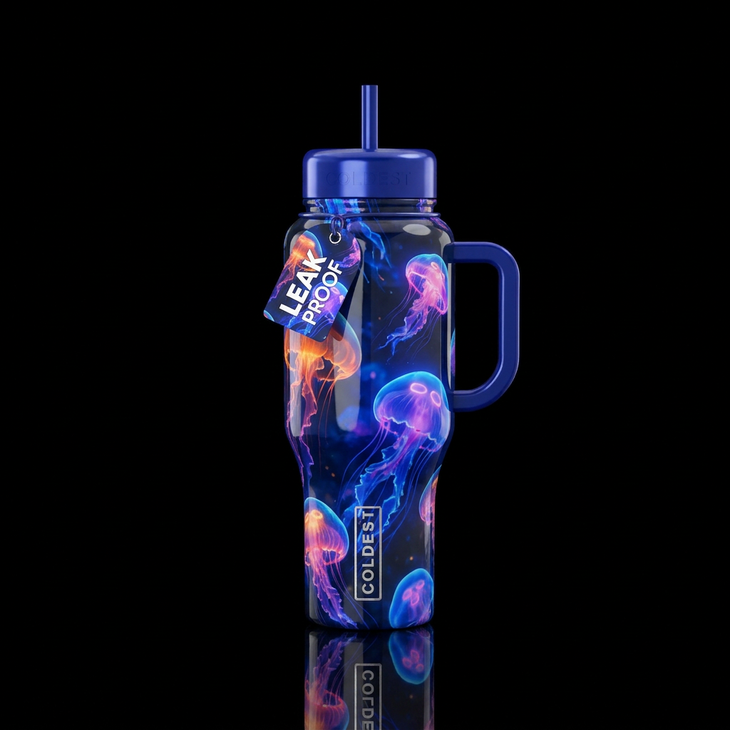 Dynamic jellyfish, glossy,glowie, trompe-l'œil, be... water bottle design