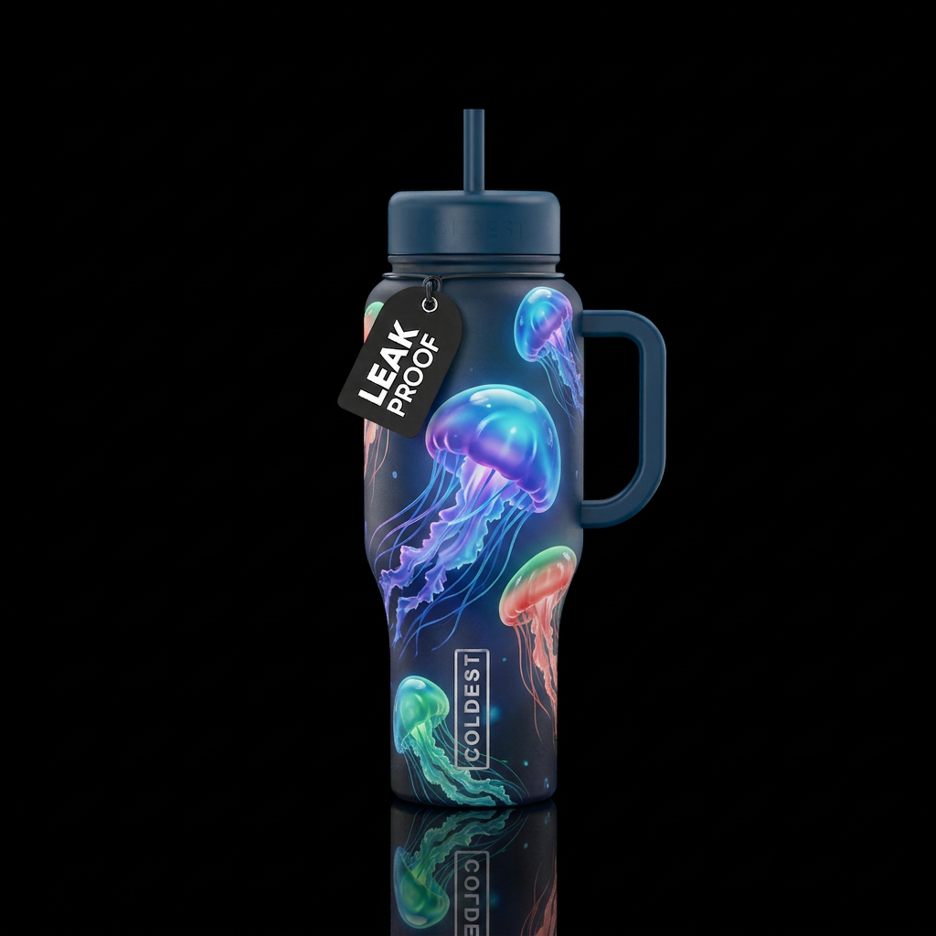 Dynamic jellyfish, glossy,glowie, trompe-l'œil, be... water bottle design