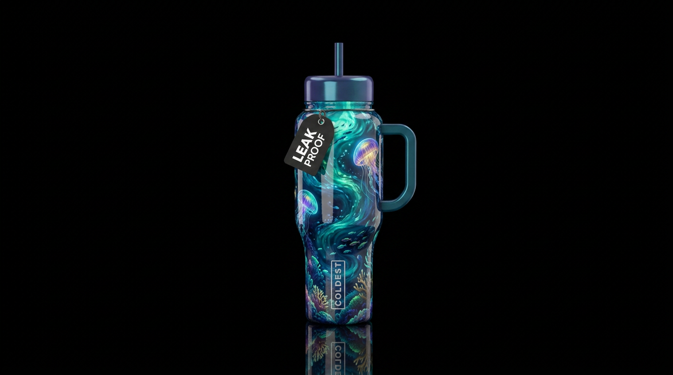 Dynamic deep sea,glossy, glowie, trompe-l'œil, bea... water bottle design