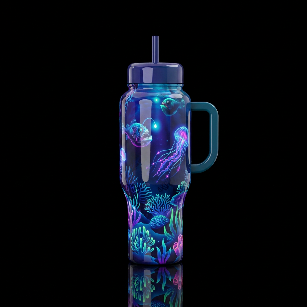 Dynamic deep sea,glossy, glowie, trompe-l'œil, bea... water bottle design