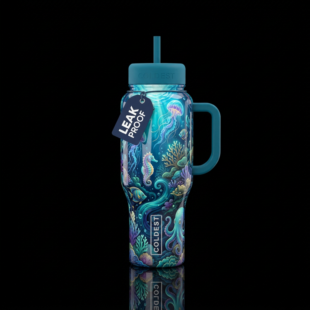 Dynamic detailed whimsical deep ocean, glossy, glo... water bottle design