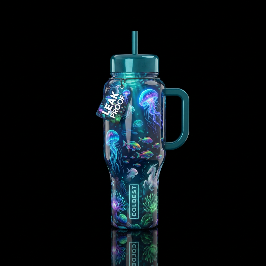 Dynamic detailed whimsical deep ocean, glossy, glo... water bottle design