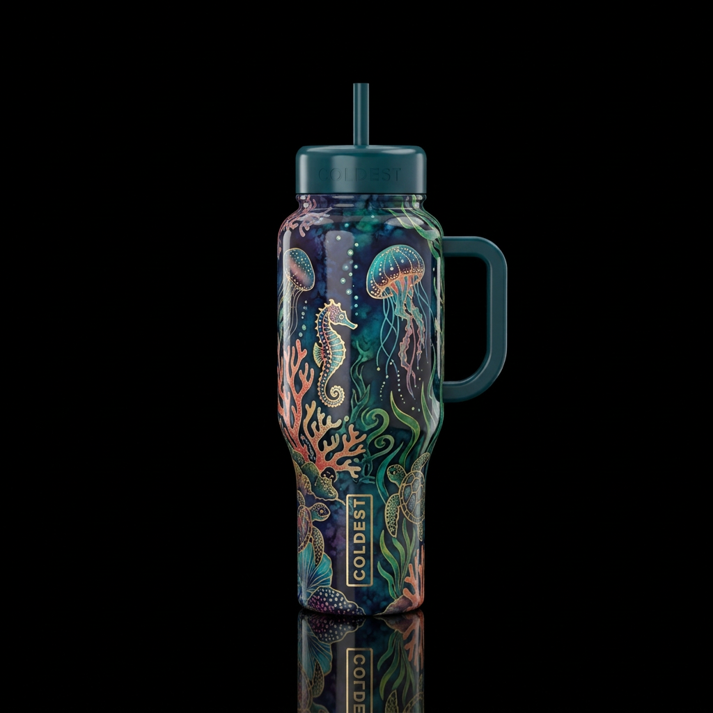 Dramatic batik undersea,whimsical, glossy,glowie, ... water bottle design